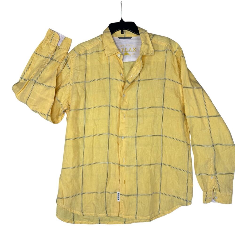 Tommy Bahama Relax Men Large Yellow checked 100% linen Button down Casual Shirts - Picture 3 of 14